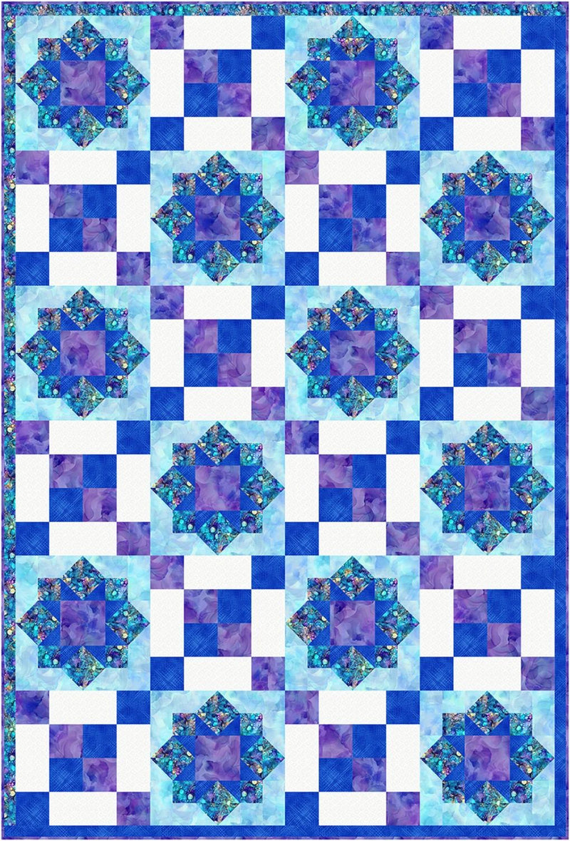 Quilt with blue and purple star pattern on a white background from the Step it Up with 5-Yard Quilts book.