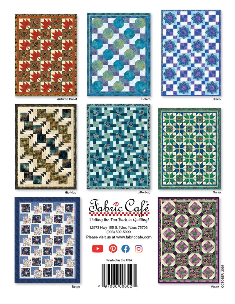 Step it Up with 5-Yard Quilts Collection of quilt patterns with 'Fabric Cafe' branding on a white background
