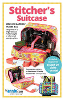 Stitcher's Suitcase pattern with sewing machine, colorful design, and promotional text.