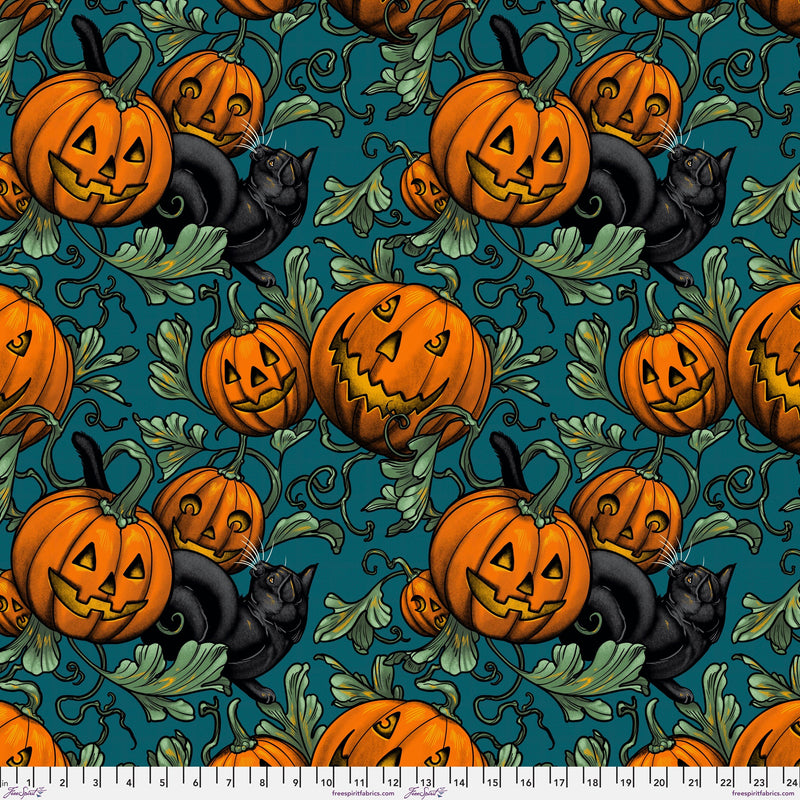 Storybook Halloween PWRH067.TURQ Turquoise Pumpkin Patch by Rachel Hauer for Free Spirit