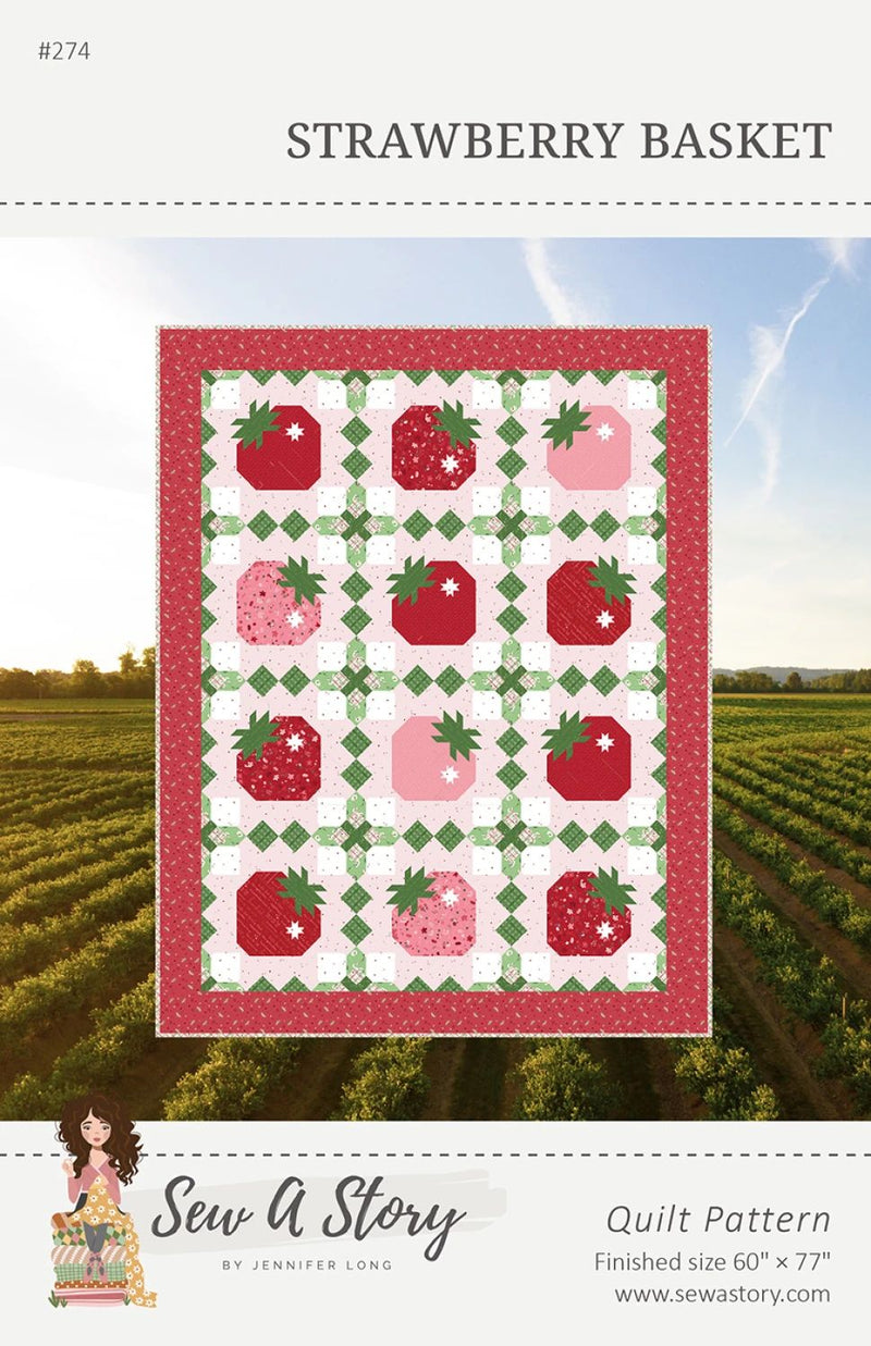 Quilt pattern cover for 'Strawberry Basket' by Sew a Story with strawberry design and field background.