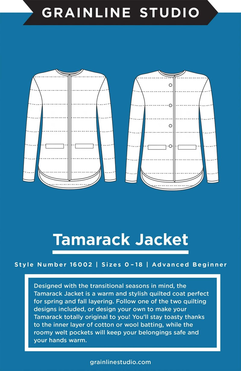 Design of a Tamarack jacket on a blue background with Grainline Studio branding.