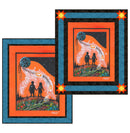 The Journey Home Wall Hanging Free PDF Quilt Pattern pictures shows two artworks with two children and a feather design on an orange background, surrounded by blue borders.