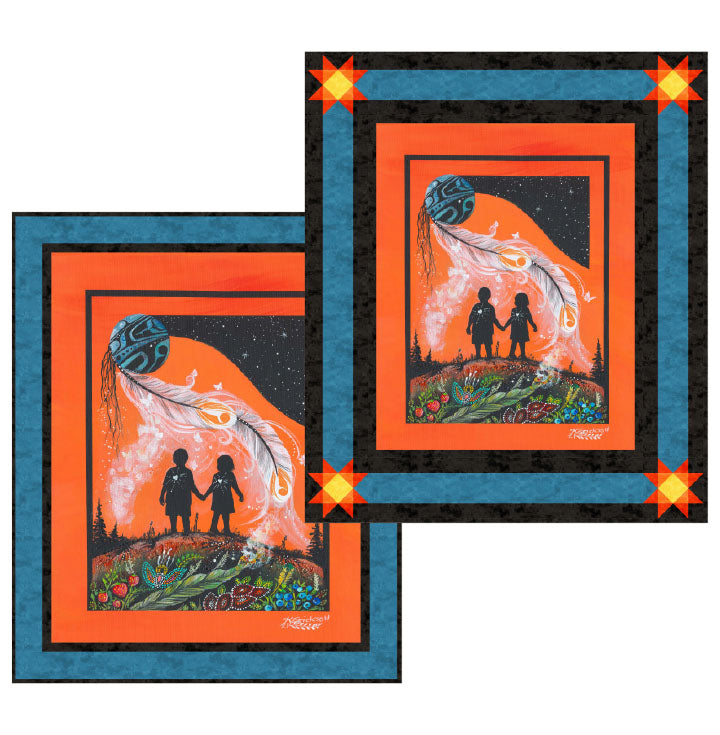 The Journey Home Wall Hanging Free PDF Quilt Pattern pictures shows two artworks with two children and a feather design on an orange background, surrounded by blue borders.