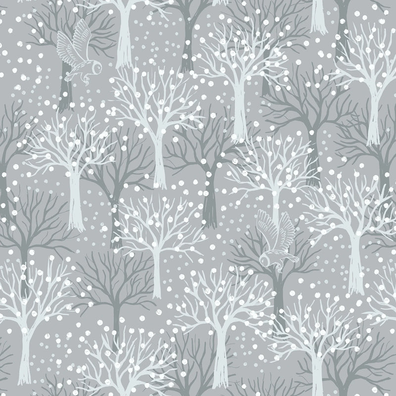 The Secret Winter Garden Flannel F660-1 Owl orchard on light grey by Lewis & Irene.