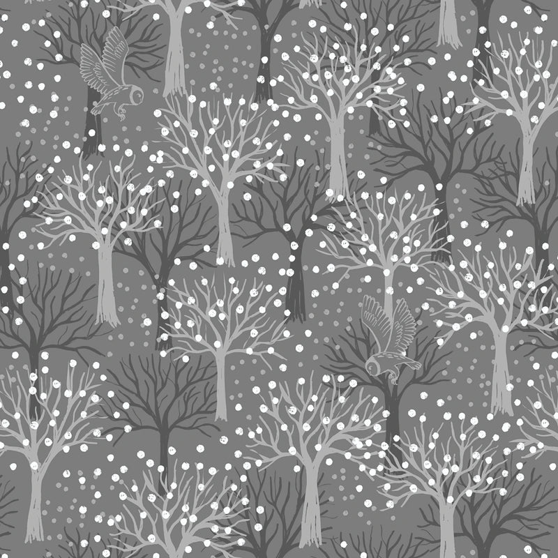 The Secret Winter Garden Flannel F660-2 Owl orchard on dark grey by Lewis & Irene.