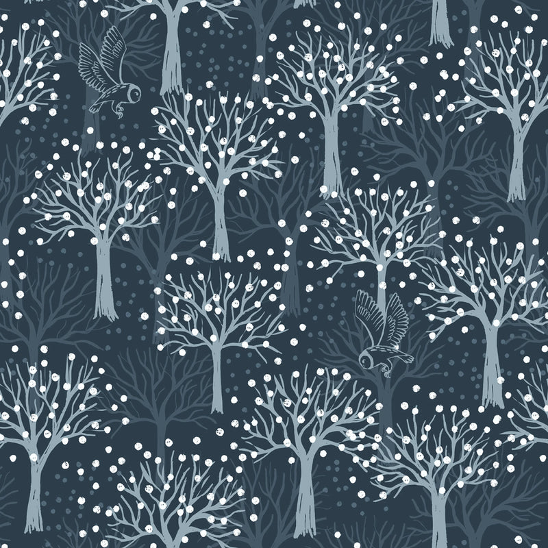 The Secret Winter Garden Flannel F660-3 Owl orchard on dark blue by Lewis & Irene.