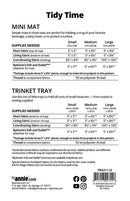 Back of a Tidy Time sewing pattern sheet from ByAnnie, showing sizing tables for Small, Medium, and Large sizes, along with supply requirements for the Trinket Tray.