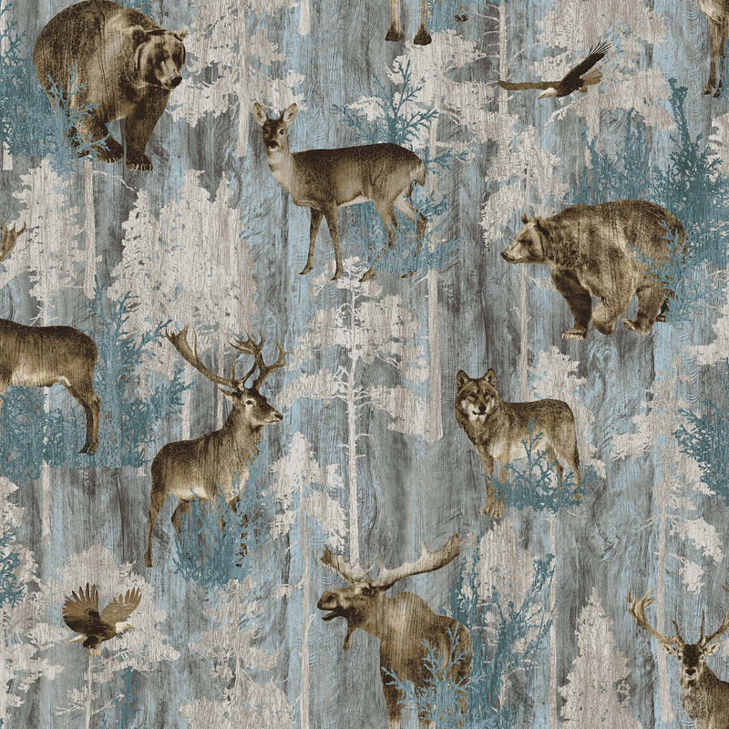 Timberland Trail Flannel F25007-66 Light Teal Multi All-Over Animals by Linda Ludovico for Northcott