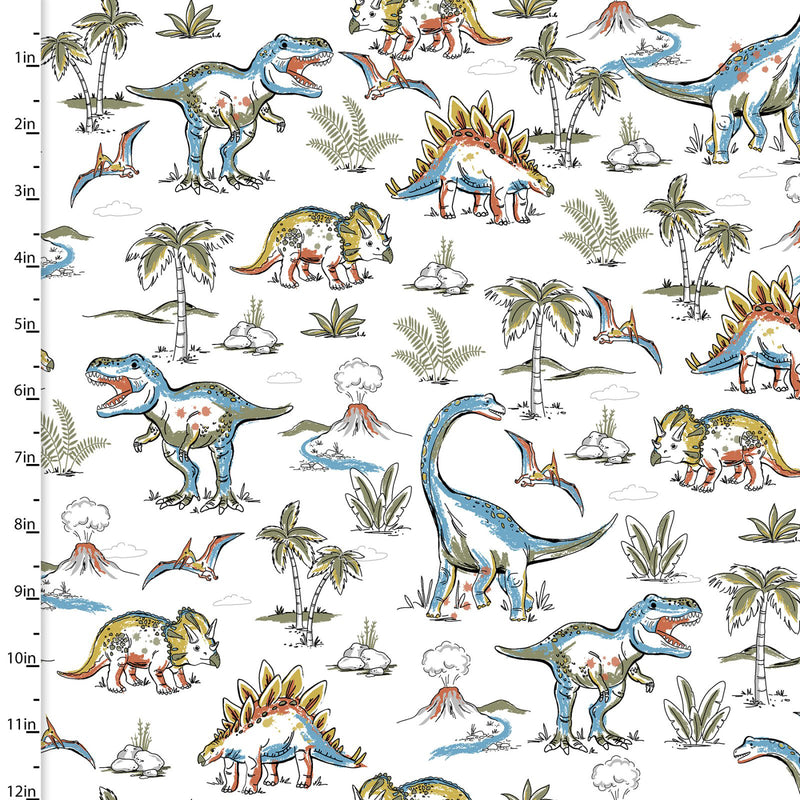 Totally Roarsome Flannel 21672-WHT-CTN-D Mighty Landscape White by Josh Rey for 3 Wishes Fabric