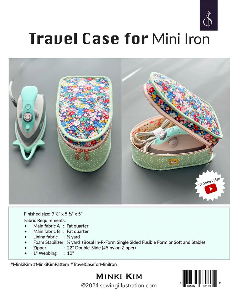 Travel case for a mini iron with colorful floral design on a gray background.
