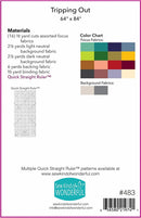 Fabric pattern guide with color chart and material requirements for "Tripping Out" quilt design.