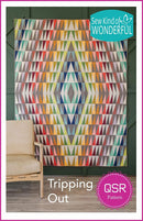 Tripping Out quilt pattern cover shows colorful geometric quilt with 'Sew Kind of Wonderful' branding hanging above a wooden floor.
