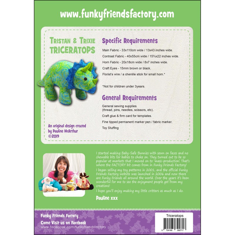 Tristan & Trixie Triceratops Soft Toy Pattern Pauline McArthur Funky Friends Factory Picture of Back of Pattern FF2717