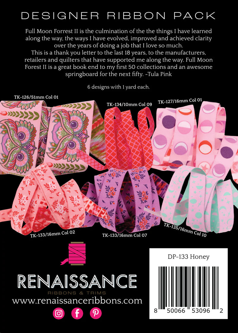 Tula Pink Full Moon Forest II Designer Ribbon Pack Honey DP-133 FMF II Honey by Renaissance Ribbons.