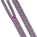 A close-up of Tula Pink Prince Charming Taffy Coil Zippers with a white background and a repeating pattern of colorful circular prints in pink, purple, black, and green. The zipper pull is bright pink.