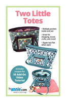 Front pattern cover for the Two Little Totes bag from by annie.com, showing two patterned tote bags with text callouts.