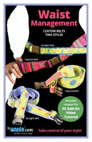 Pattern cover for waist management belts with colorful designs on a female body.