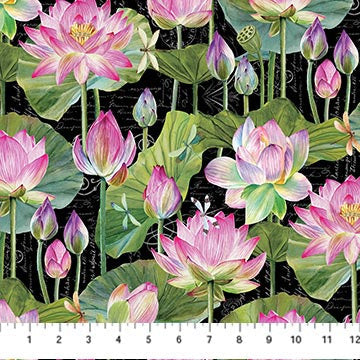 Water Lilies DP25057-99 Black Multi Feature Floral by Michel Design Works for Northcott