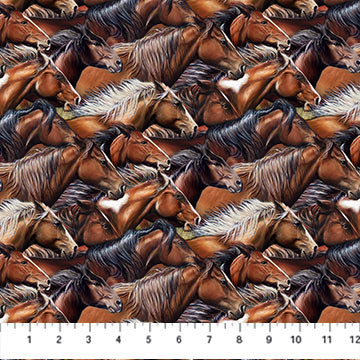 Wild and Free DP27603-36 Brown Multi Horse Heads by Rick Unger for Northcott