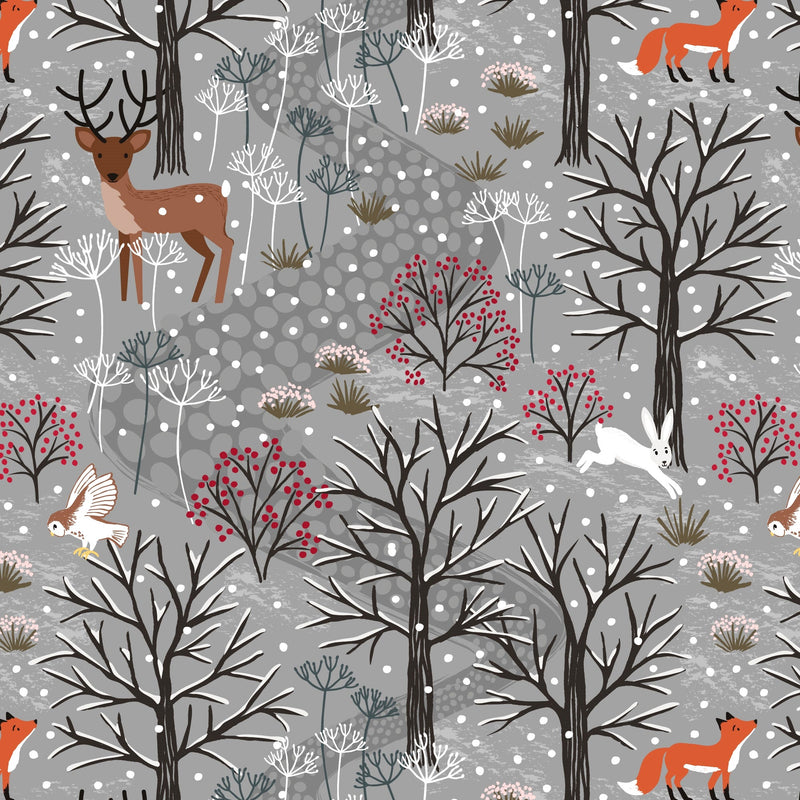 Winter in Bluebell Wood Flannel F42.1 Winter woods on grey by Lewis & Irene