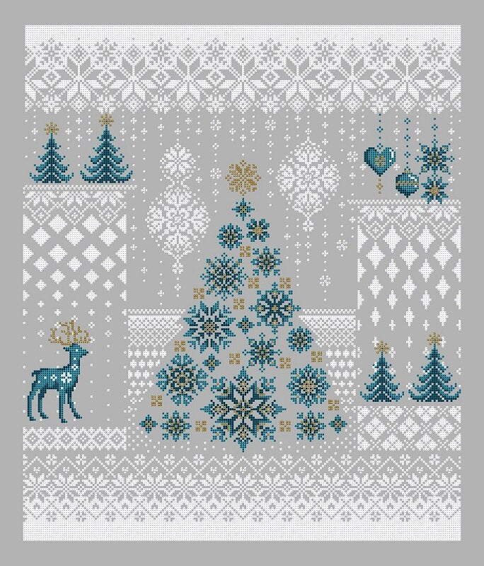Winter Snowfall Cross Stitch Pattern shown on grey cloth