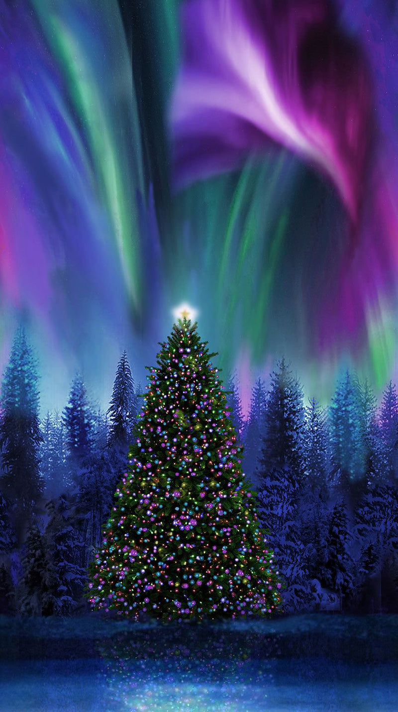 Winter Solstice Panel PANEL-CD2010 MULTI Christmas Tree Aurora Borealis by Timeless Treasures