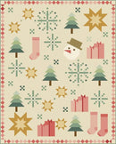 Winter Wonderland shows trees, stars, Christmas Stotkcings, snowflakes, and snowman head on a cream background.