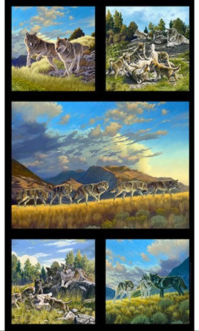Wolf Scenic Blocks Panel 5017-BLK Black by Elizabeth's Studio.