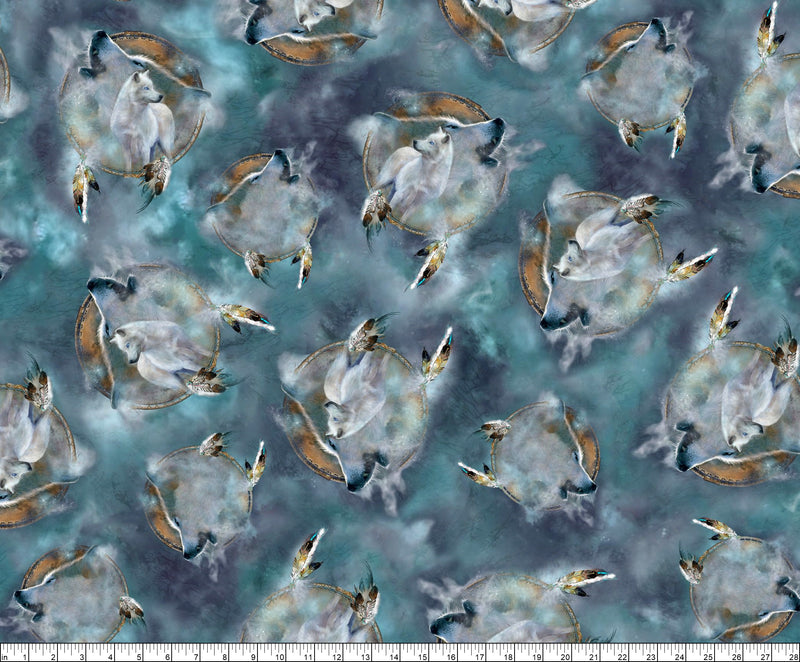 Wolf Song 29011-Q Teal Wolves Vignette by Carol Cavalaris for QT Fabrics