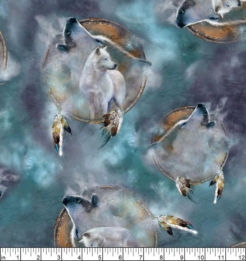 Wolf Song 29011-Q Teal Wolves Vignette by Carol Cavalaris for QT Fabrics