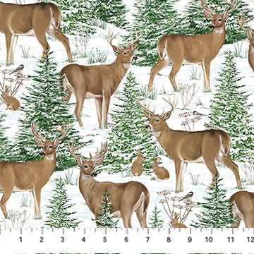 Woodland Woolies Flannel F27261-10 White Multi Deer 2 by Deborah Edwards for Northcott