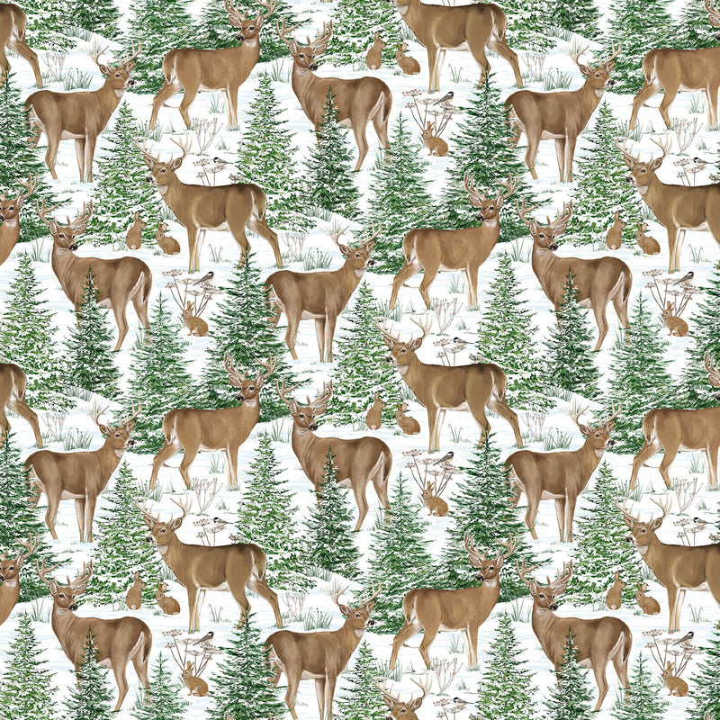 Woodland Woolies Flannel F27261-10 White Multi Deer 2 by Deborah Edwards for Northcott