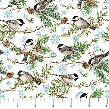 Woodland Woolies Flannel F27263-10 White Multi Chickadees by Deborah Edwards for Northcott