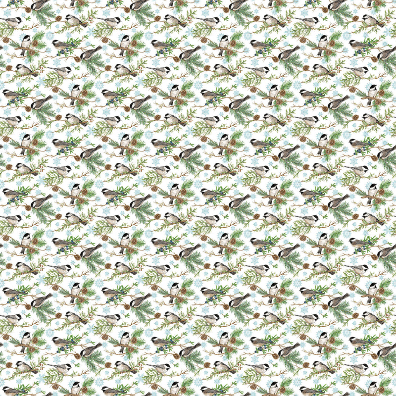 Woodland Woolies Flannel F27263-10 White Multi Chickadees by Deborah Edwards for Northcott