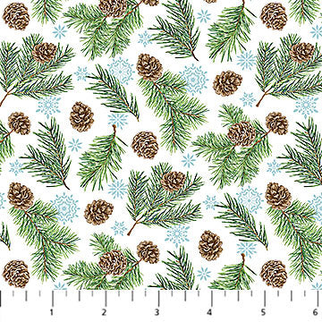 Woodland Woolies Flannel F27264-10 White Multi Pinecones by Deborah Edwards for Northcott