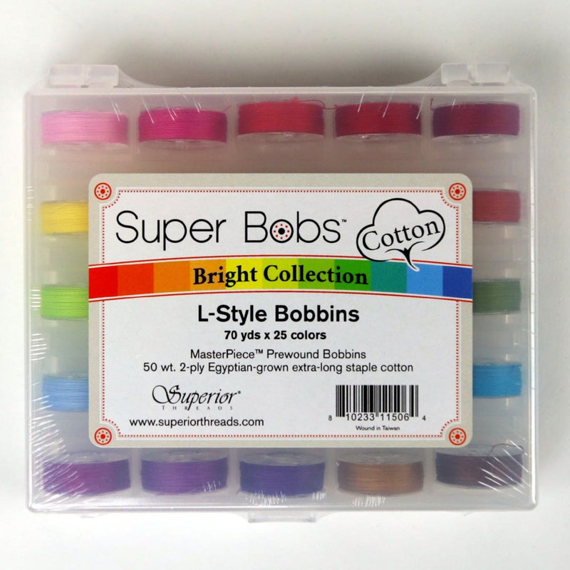Super Bobs MasterPiece 2-ply Cotton Prewound Bobbins - L-Style - Bright Colors.