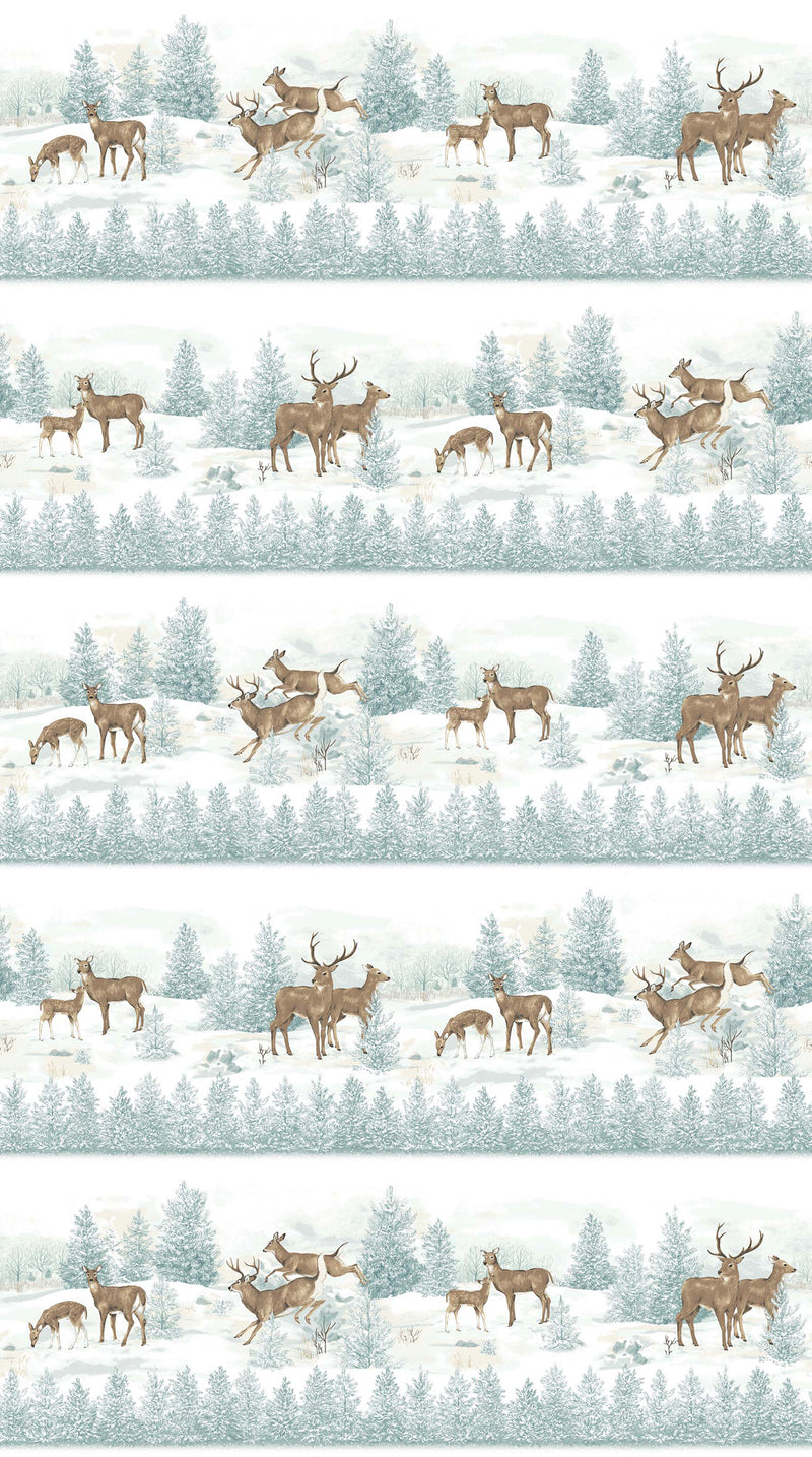 Frosted Woodland Flannel F23630-42 Light Blue Deer Border Stripe