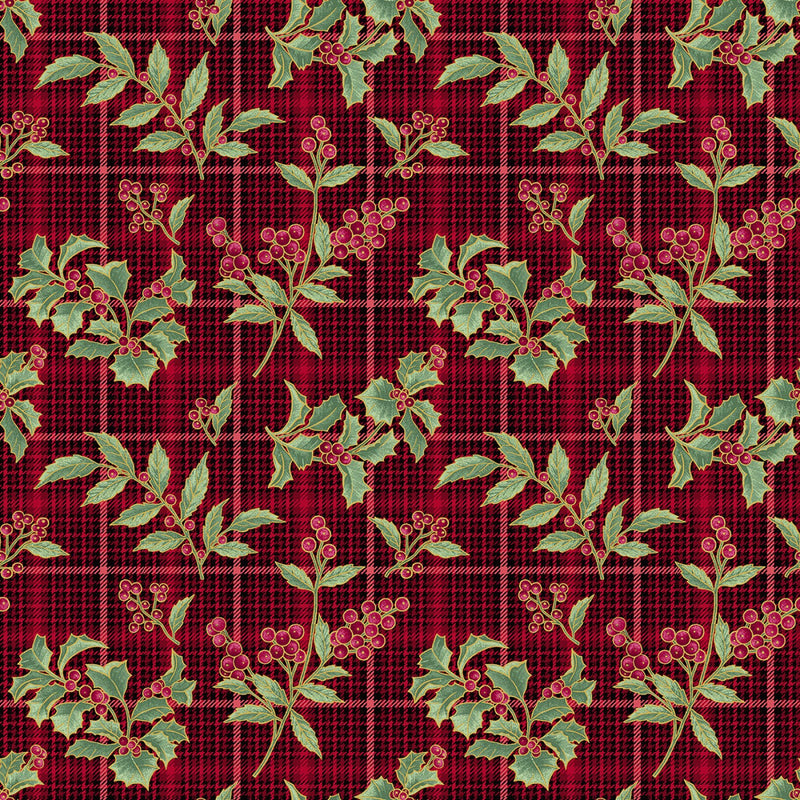 A Festive Medley 13185M-10 Holly and Plaid Red by Jackie Robinson for Benartex
