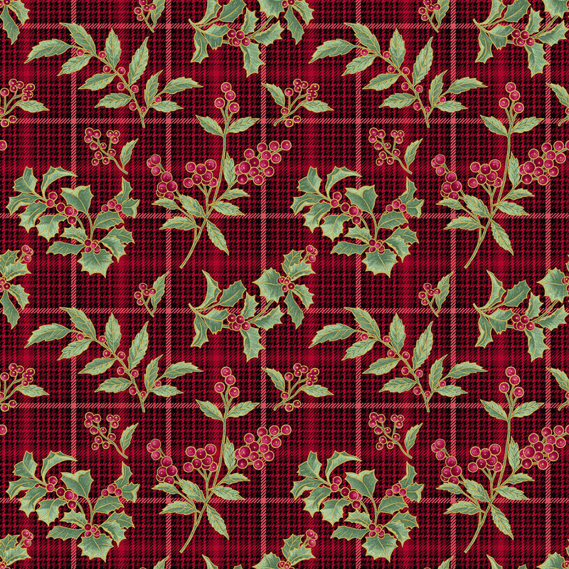 A Festive Medley 13185M-10 Holly and Plaid Red by Jackie Robinson for Benartex