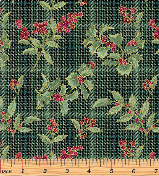 A Festive Medley 13185M-44 Holly and Plaid Green by Jackie Robinson for Benartex