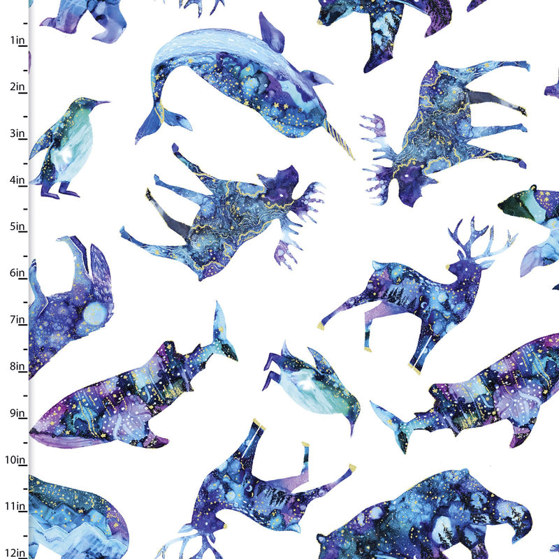 Arctic Wonder 19431-WHT-CTN-D Arctic Animal Toss with Metallic Glitter White by Arrolyn Weiderhold for 3 Wishes Fabric