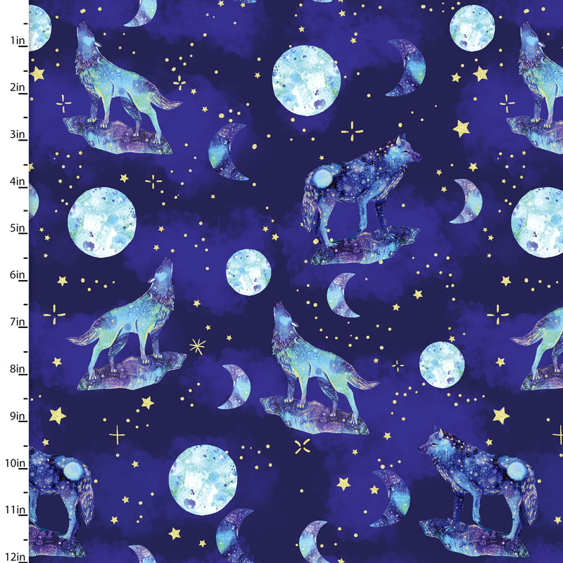 Arctic Wonder 19435-NVY-CTN-D Howling at the Moon with Metallic Glitter Navy by Arrolyn Weiderhold for 3 Wishes Fabric