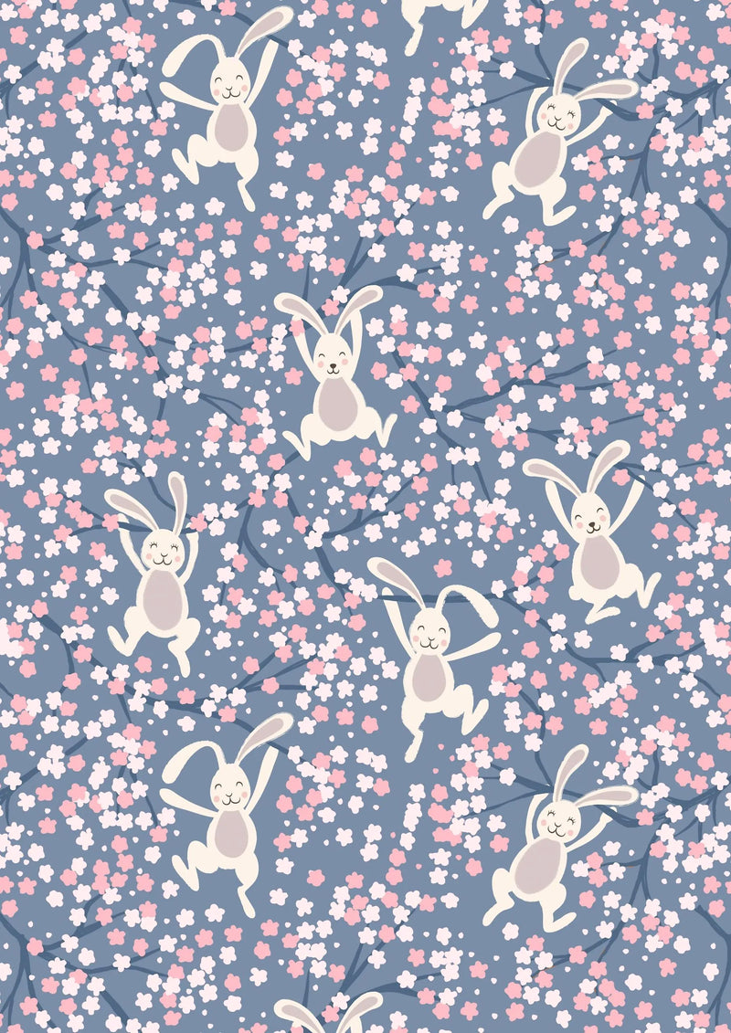 Bunny Hop A526.3 Swinging Bunnies on Denim Blue Lewis & Irene