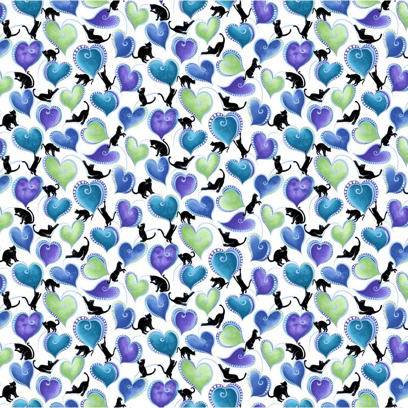 Cat-I-Tude Singing the Blues 10263P-09 Hearts and Cats White/Multi - Fat Quarter