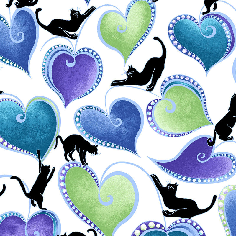 Cat-I-Tude Singing the Blues 10263P-09 Hearts and Cats White/Multi - Fat Quarter