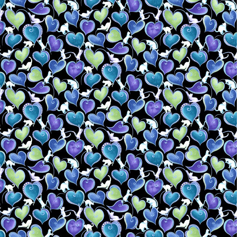 Cat-I-Tude Singing the Blues 10263P-12 Hearts and Cats Black/Multi by Ann Lauer for Benartex