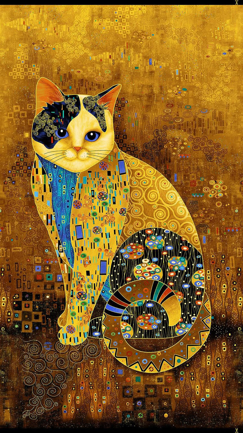 Cleo Panel CLEO-CM1880 GOLD Golden Bejeweled Cat Panel by Chong-A Hwang for Timeless Treasures