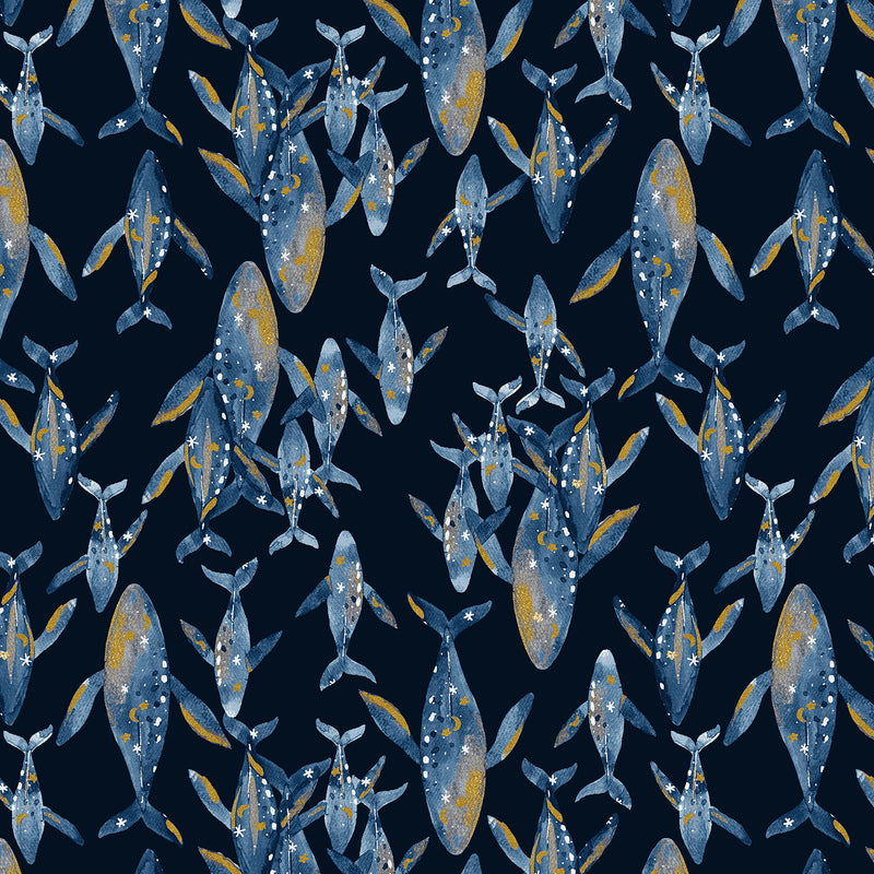 Cosmic Sea CC401-DO1M Golden Whale Deep Ocean Metallic by Jessica Zhao for Cotton + Steel of RJR Fabrics