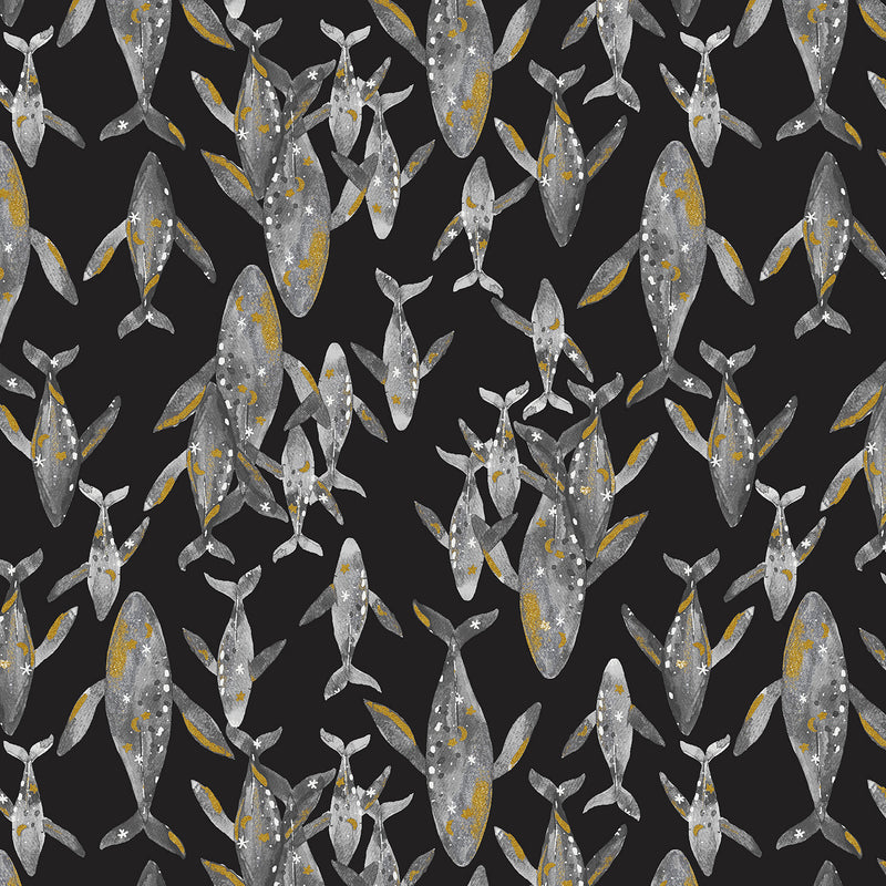 Cosmic Sea CC401-NI2M Golden Whale Nightfall Metallic by Jessica Zhao for Cotton + Steel of RJR Fabrics